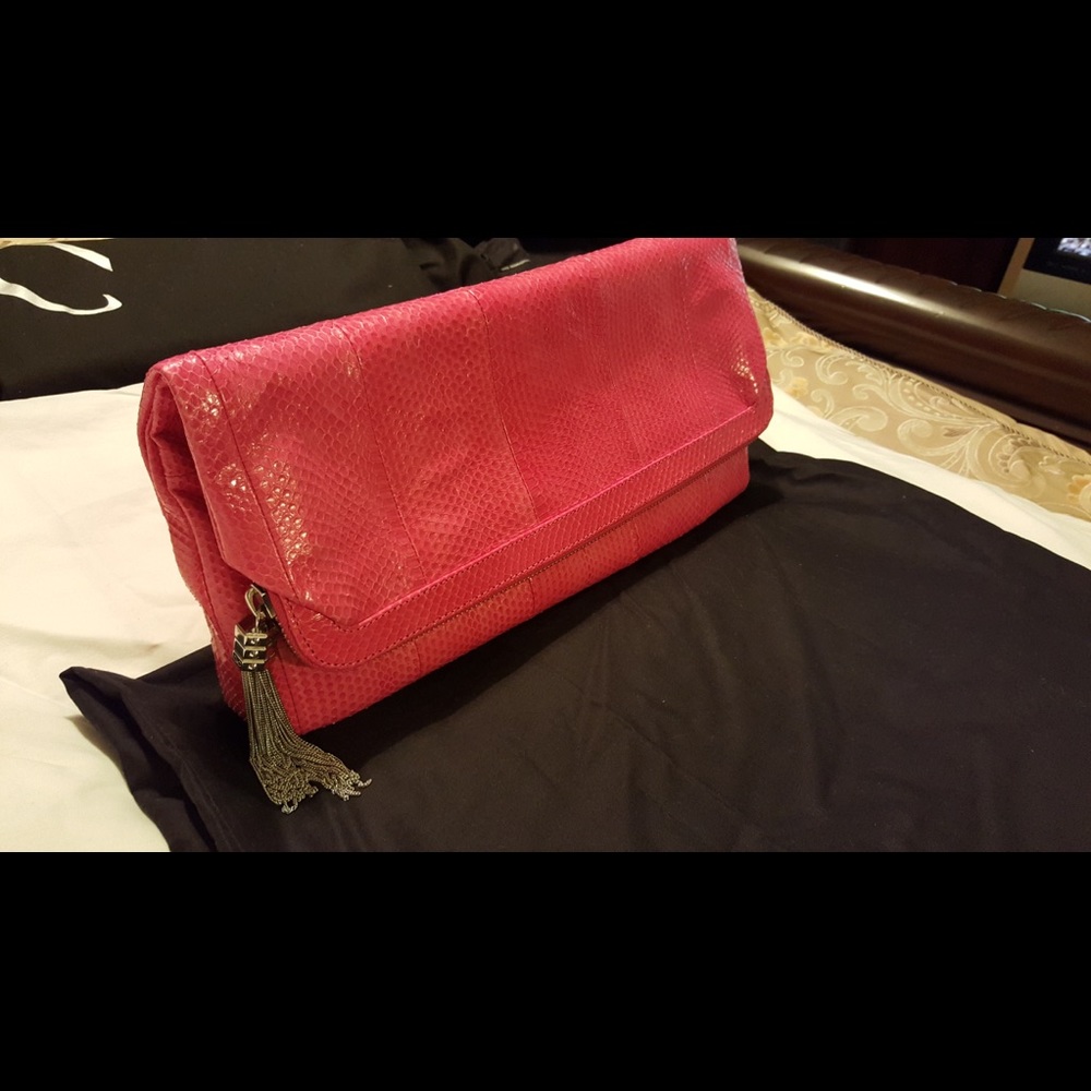 Vintage PINK Oversized fold over glazed snakeskin clutch